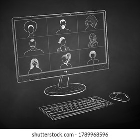 Vector black and white chalk drawn illustration of digital tablet with live conference on black chalkboard background.
