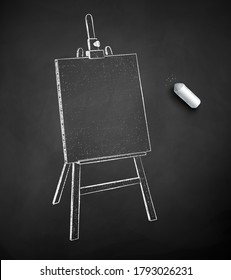 Vector black and white chalk drawn illustration of easel on black chalkboard background.