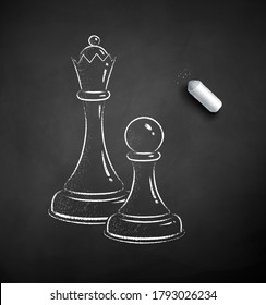 Vector black and white chalk drawn illustration of chess figures on black chalkboard background.