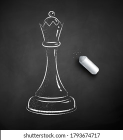 Vector black and white chalk drawn illustration of queen chess figure on black chalkboard background.