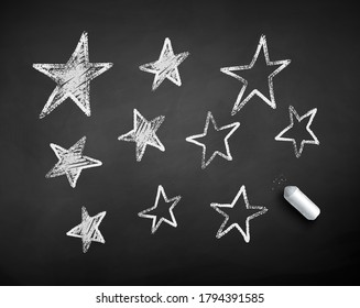 Vector black and white chalk drawn illustration of stars on black chalkboard background.