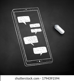 Vector black and white chalk drawn illustration of smartphone on chalkboard background.
