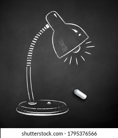 Vector black and white chalk drawn illustration of lamp on chalkboard background.