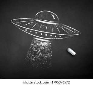 Vector black and white chalk drawn illustration of UFO on black chalkboard background.