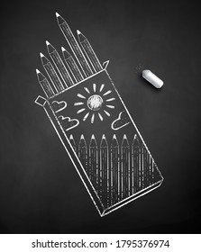 Vector black and white chalk drawn illustration of pencil box on black chalkboard background.