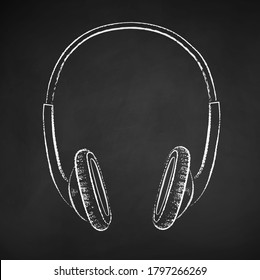 Vector black and white chalk drawn illustration of headphones with live conference on chalkboard background.