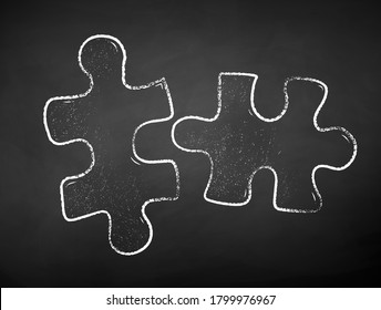 Vector black and white chalk drawn illustration of puzzles on black chalkboard background.