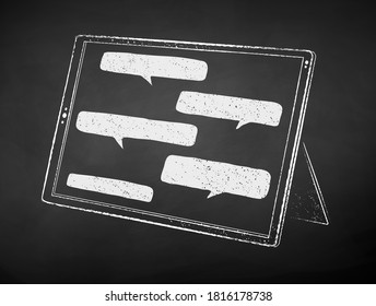 Vector black and white chalk drawn illustration of digital tablet with chat speech bubbles on black chalkboard background.