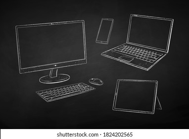Vector black and white chalk drawn illustration of computer devices on black chalkboard background.