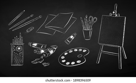 Vector black   white chalk drawn illustration set art students supplies chalkboard background 