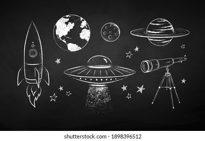 Vector black and white chalk drawn illustration collection of space objects on chalkboard background.