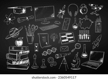 Vector black and white chalk drawn illustration set of education and science items on chalkboard background.