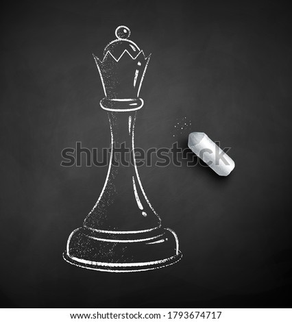 Vector black and white chalk drawn illustration of queen chess figure on black chalkboard background.