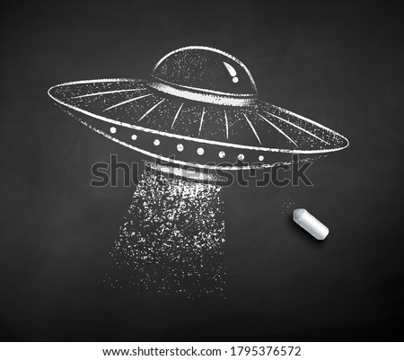 Vector black and white chalk drawn illustration of UFO on black chalkboard background.