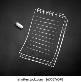 Vector black and white chalked illustration of notepad with piece of chalk on black chalkboard background.