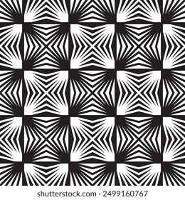 Vector black and white checkered geometric abstract striped four pointed stars with corner shine seamless pattern or texture.