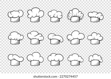 Vector Black and White Chef Hat with Outline, Toque Icon Set Isolated. Cook, Baker Chef Cap Logo Design Template. Bakery, Restaurant, Kitchen Uniform. Cotton Hat, Professional Clothes