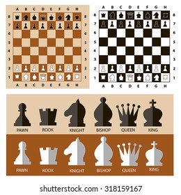 Vector black and white chess pieces on a beige and brown background with a chessboard and an inscription