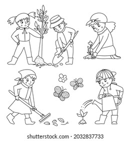 Vector black and white children doing garden work set. Spring outline collection of kids with gardening tools. Young gardeners planting tree and plants, watering plants, raking