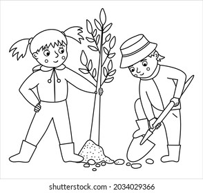 Vector black and white children planting tree illustration. Cute outline kids doing garden work. Boy digging ground with spade. Spring gardening activity line picture or coloring page 
