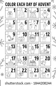Vector black and white Christmas advent calendar with traditional holiday symbols. Cute winter planner for kids. Festive poster or coloring page design with Santa Claus, fir tree, deer, present
