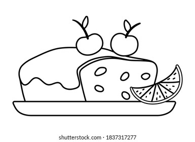 Vector black and white Christmas cake with raisins, icing and cherries on top isolated on white background. Cute funny illustration of new year pastry. Traditional winter dessert line icon
