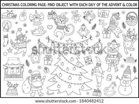 Vector black and white Christmas coloring page and advent calendar with traditional holiday symbols. Cute winter planner for kids. Festive poster design with Santa Claus, fir tree, deer, animals
