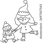 Vector black and white Christmas ice skating elf girl in hat clipart. Cute new year symbol gnome with little puppy on skates illustration for kids. Winter holiday dwarf line icon, coloring page