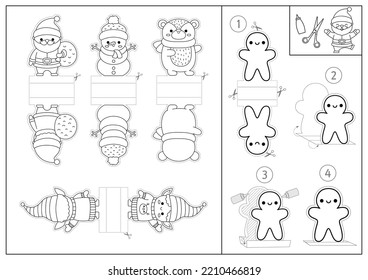 Vector black and white Christmas paper dolls set. Cute line finger puppets or chips with Santa Claus, snowman, elf, bear for kids. Winter holiday cut out craft cards. New Year coloring page
