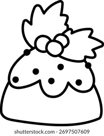 Vector black and white Christmas pudding with holy leaves and berries. Cute funny illustration of new year pastry. Traditional winter cake or dessert line icon, coloring page
