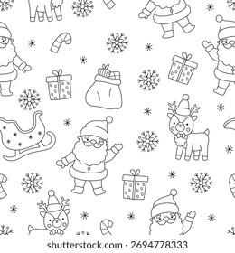 Vector black and white Christmas seamless pattern. New Year line repeat background with Santa Claus, deer, sledge. Cute festive digital paper for kids. Winter holiday coloring page
