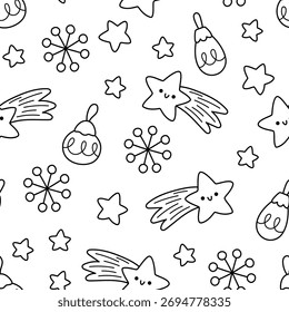 Vector black and white Christmas seamless pattern. New Year line repeat background with falling stars, snowflakes, colored balls. Coloring page digital paper for kids. Winter holiday texture
