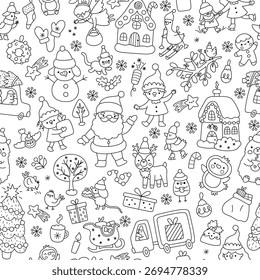 Vector Navidades en blanco y negro sin patrón. Nuevo Año línea repetir fondo con Santa Claus, elfos, ciervos, árbol, regalos, casa, muñeco de nieve. Dibujo para colorear para niños. Papel digital de vacaciones de invierno
