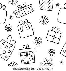 Vector Navidades en blanco y negro sin patrón. Nuevo año línea de fondo de repetición con regalo o cajas de regalo, copos de nieve. Dibujo para colorear, papel digital para niños. Textura de vacaciones de invierno
