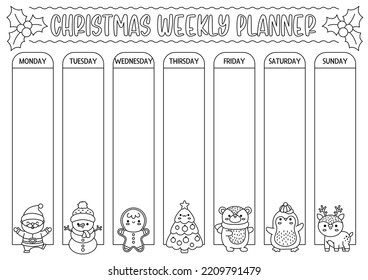 Vector black and white Christmas weekly planner with traditional holiday symbols. Cute winter line calendar, timetable for kids. New Year coloring page with cute kawaii Santa Claus, snowman
