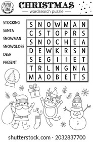 Vector Black And White Christmas Wordsearch Puzzle For Kids. Simple New Year Crossword With Santa, Stocking, Snowman, Snow Globe, Present For Children. Educational Winter Holiday Keyword Activity