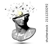 Vector black and white circle halftone broken classical style head sculpture fragment from 3d rendering with planets and galaxies exploding from the broken side isolated on white background. 