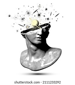 Vector black and white circle halftone broken classical style head sculpture fragment from 3d rendering with planets and galaxies exploding from the broken side isolated on white background. 