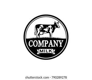 Vector Black and White Circle Milch Cow on the Grass with Ribbon Illustration Hand Drawing Ventage Logo Animal Symbol Company 