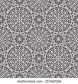 Vector Black and White Circular Floral Seamless Background from Decorative Hand Drawn Line Dots Flowers. Layered