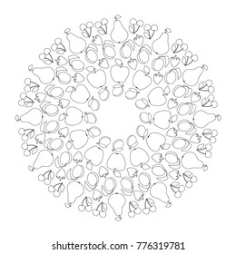 vector black and white circular fruity mandala with apple, pear, apricot, cherry, plum and strawberry - adult coloring book page
