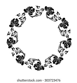 vector Black and white circular pattern, round frame with floral ornaments