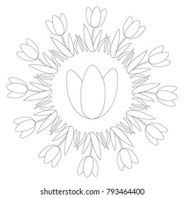 vector black and white circular round spring mandala with flower tulip - adult coloring book page
