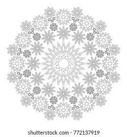vector black and white circular winter mandala with snowflakes - adult coloring book page
