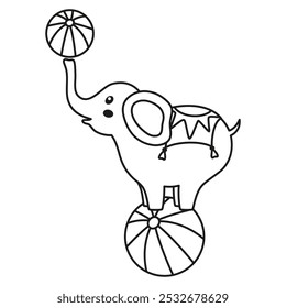 vector black and white circus elephant with ball, amusement holiday, cute funny festival character, outline street show comedian coloring page with funny animal