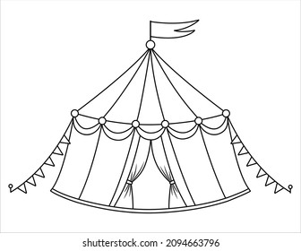 Vector black and white circus tent icon. Amusement park marquee outline clipart. Cute funny striped festival arena. Street show structure illustration or coloring page with flags
