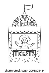 Vector black and white circus ticket box icon. Amusement park entrance control stall with funny clown. Cute line street festival entrance booth. Street show admission stand coloring page
