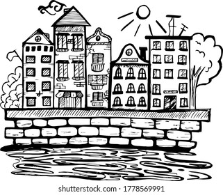 Vektorschwarz-weiße Stadt. Minimalistische Grafiken. Konzept einer Stadt am Wasser. Gerader, vektor-Flachbild. Amsterdam