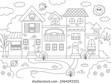 Vector en blanco y negro de la ciudad con hermosa casa rodeada de jardín. Ilustración de la línea del día soleado del paisaje con el edificio residencial. Linda casa de campo con flores. Divertida pequeña ciudad para colorear página