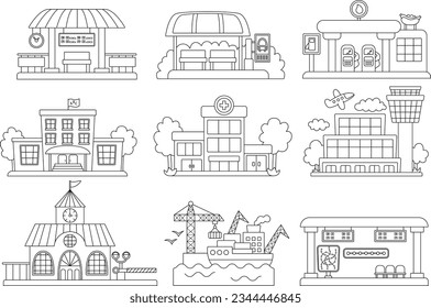 Vector black and white city transportation places set. Bus stop, metro, railway, gas station line clipart. Cute flat hospital, school, airport, seaport icons. Funny public transport coloring page
